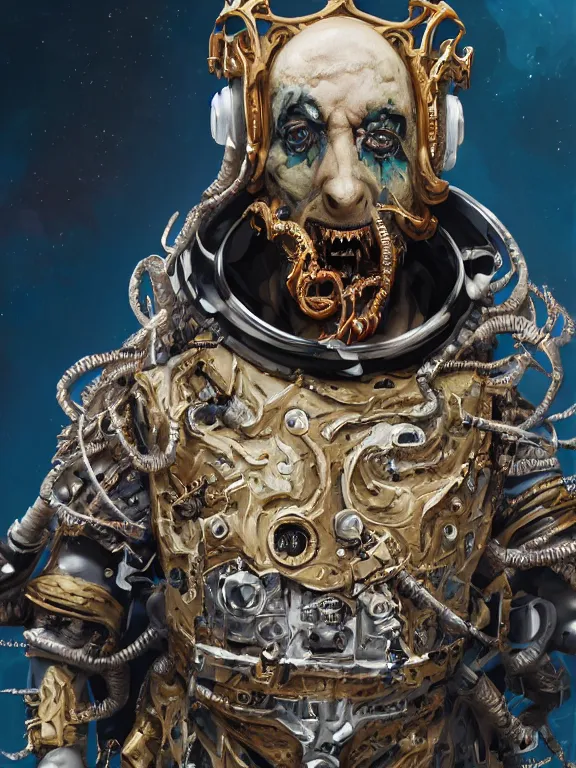 Prompt: portrait of Sam Hyde, sigma male, 8k ultra realistic undead eldritch horror corrupted king, astronaut , ornate gold crown , detailed intricate ornate armour,decaying, cybernetic, full of colour, cinematic lighting, battered, trending on artstation, 4k, hyperrealistic, focused, extreme details,unreal engine 5, cinematic, masterpiece, art by ayami kojima, giger