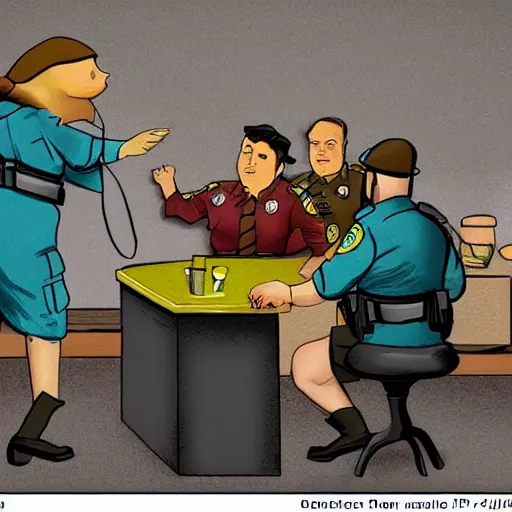 Prompt: coherent photo of police interrogating a jar of pickles