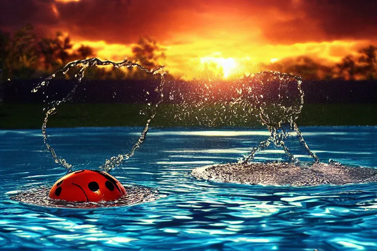 Image similar to ladybird swimming in a pool of water, sunset, evening light, cinematic, fantasy art, trending on artstation, highly detailed, digital painting, volumetric light