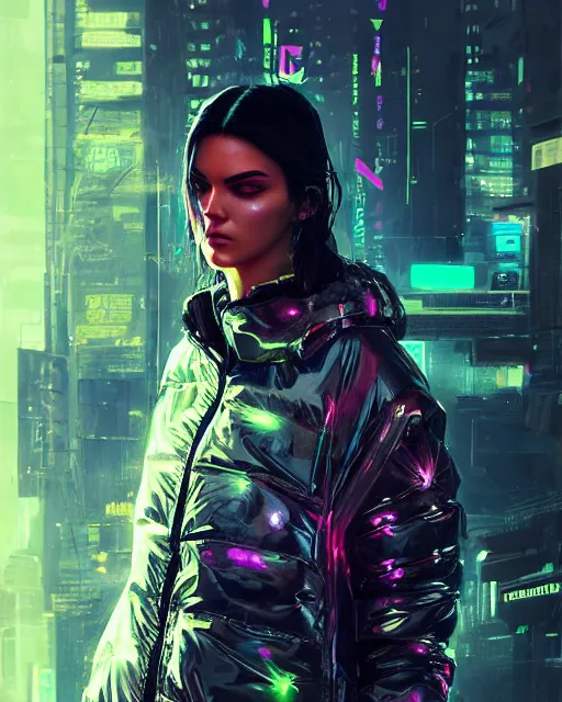 Image similar to neon operator kendall jenner, cyberpunk futuristic neon, reflective puffer jacket, decorated with traditional japanese ornaments by ismail inceoglu dragan bibin hans thoma greg rutkowski alexandros pyromallis nekro rene maritte illustrated, perfect face, fine details, realistic shaded, fine - face, pretty face