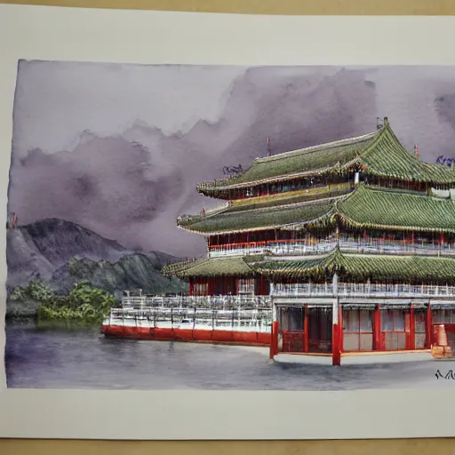 Image similar to water color on paper, imperial jade palace, highly detailed, artstation, masterpiece, award - winning,