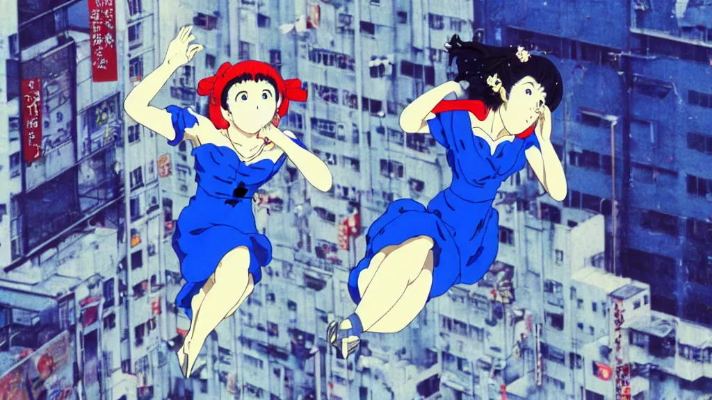 Image similar to a woman wearing a blue dress and wearing a blue bird mask falling from a building in Tokyo, anime film still from the an anime directed by Katsuhiro Otomo with art direction by Salvador Dalí, wide lens