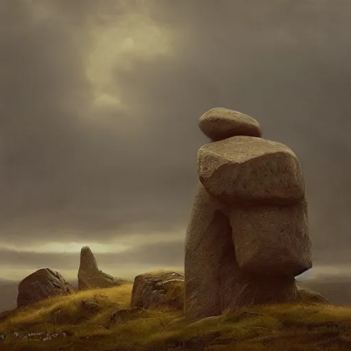 Image similar to giant stone man by grzegorz rutkowski, atmospheric haze, stormy, tundra, hudson river school, princess in foreground, large scale