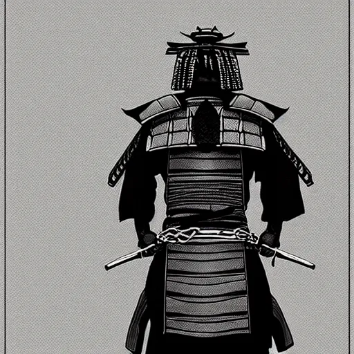 Image similar to A PORTRAIT FROM BEHIND OF A SAMURAI ,THE THE MAN IS WRAPPED IN CHAINS ,detailed, concept art, ink style , sketch
