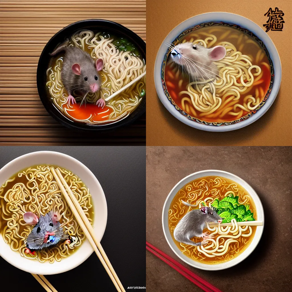 Prompt: rat ramen, hd photo, rat swimming in ramen soup, japanese bowl chopsticks food photo trending on artstation