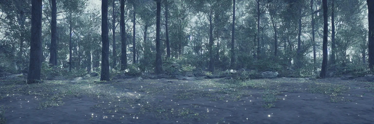 Prompt: forest at night with little bright stars on the floor, 8k, unreal engine, ultra realistic, octane render