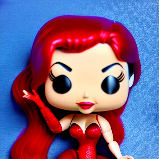 Prompt: Funko Pop doll of Jessica Rabbit taken in a light box with studio lighting, some background blur