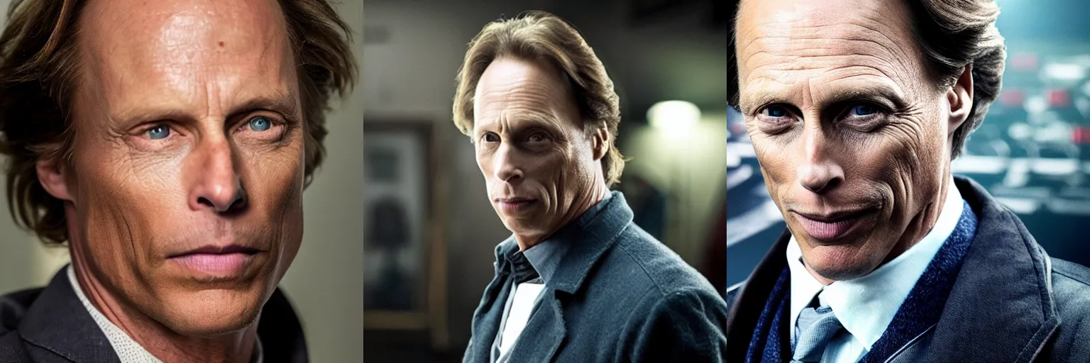 Prompt: close-up of William Fichtner as a detective in a movie directed by Christopher Nolan, movie still frame, promotional image, imax 70 mm footage