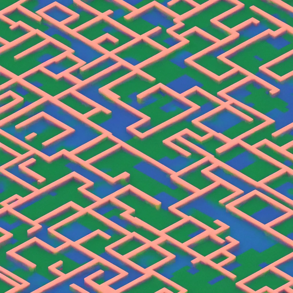 Prompt: wimmelbilder maze made of 80's arcade landscape, isometric, octane render, unreal engine