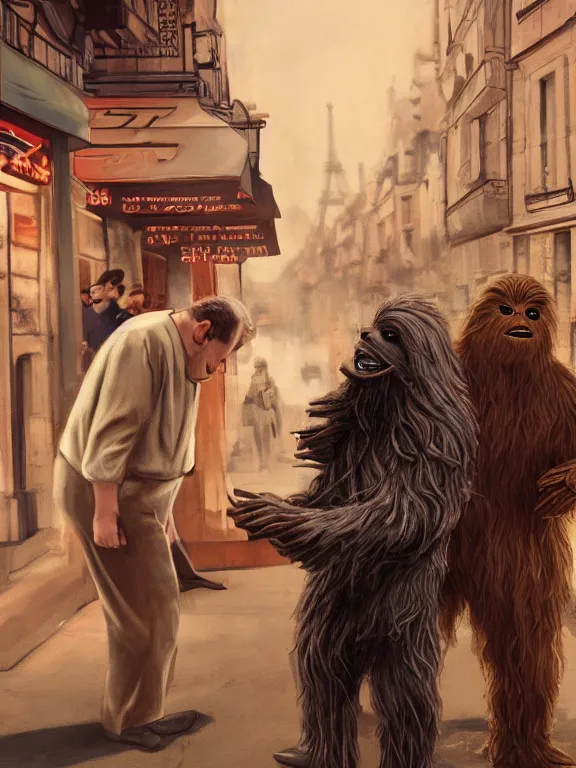 Image similar to rich evans and mike stoklasa save george lucas from a crackhead wookie in 1 9 3 0 s paris, hyperrealistic, 4 k, ultra detailed, intricate detail, octane render, photorealistic.