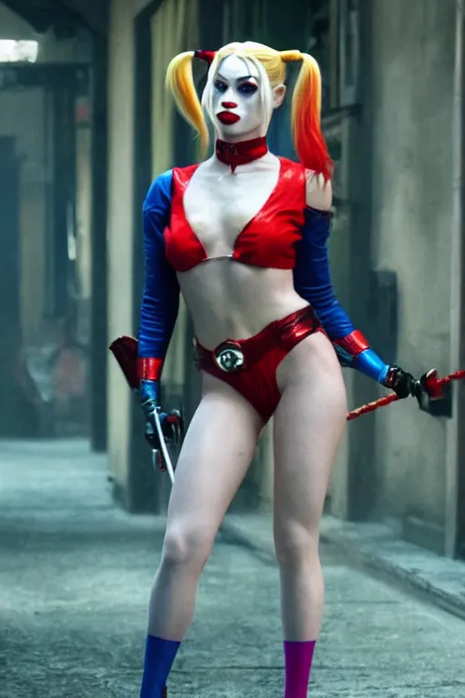 Image similar to film still of iggy azaela as Harley Quinn in Joker 2, full-shot, 4k