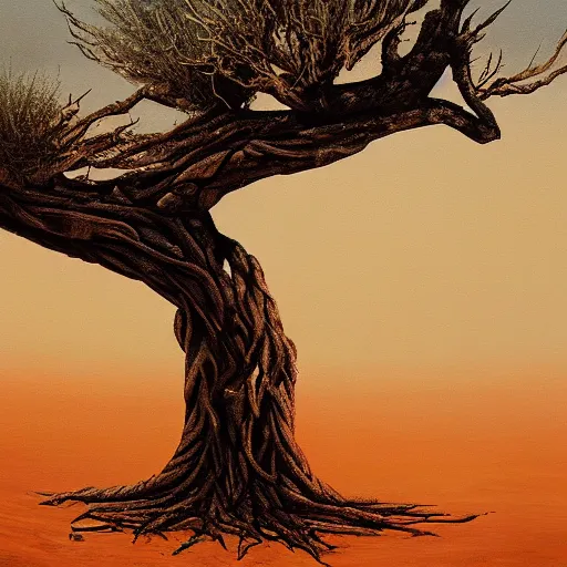 Image similar to a painting of a tree in the desert, a striking airbrush painting by breyten breytenbach, cgsociety, neo - primitivism, airbrush art, dystopian art, apocalypse landscape