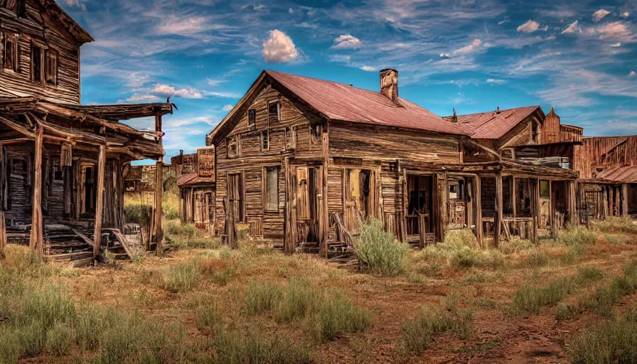 Image similar to an abandoned old west ghost town, digital art, highly detailed, realistic, bright colors, 8 k