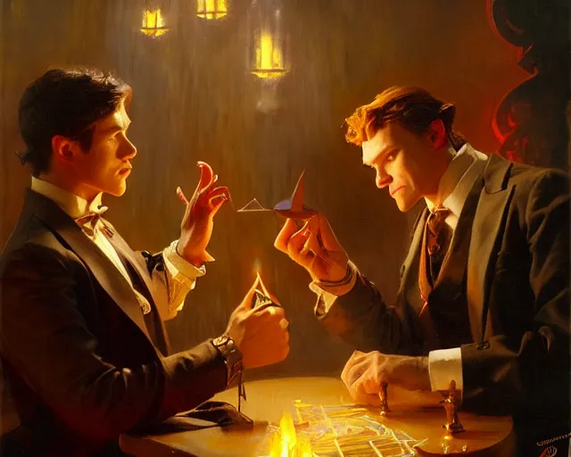 Image similar to attractive magician man, casting dark magic, summoning handsome devil. highly detailed painting by gaston bussiere, craig mullins, j. c. leyendecker 8 k