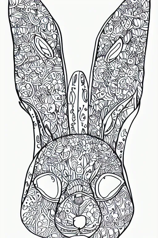 Prompt: bunny head, ornaments, ink drawing, line art colouring page