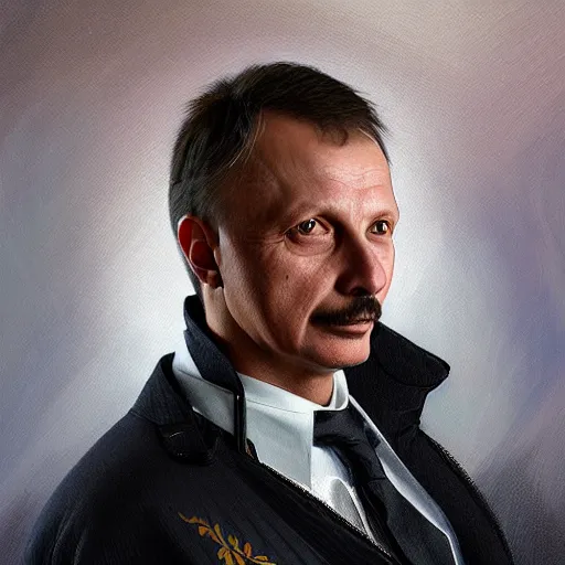 Image similar to 2010 portrait of hockey coach Larionov, fantasy, intricate, elegant, highly detailed, digital painting, artstation, concept art, smooth, sharp focus, luxury fashion illustration, art by artgerm and greg rutkowski and alphonse mucha, brightly lit cinematic soft lighting, photorealistic