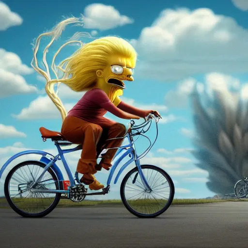 Prompt: Hyper realistic portrait of Joe Biden riding a bicycle made of wonderfully fragrant long flowing hair with Lisa Simpson sitting on the handlebars, Cinematic lighting, ultra super good realistic 3D render by Gerald Brom and James Jean, Trending on Artstation, I can't believe how detailed this is, 8k, post processing, sharp focus.