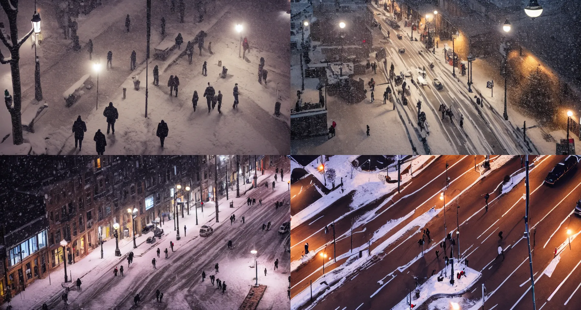 Prompt: overhead view of people walking on a street in a small town during a snowy evening, lit lamp posts, light snowy weather, dim lighting, high definition