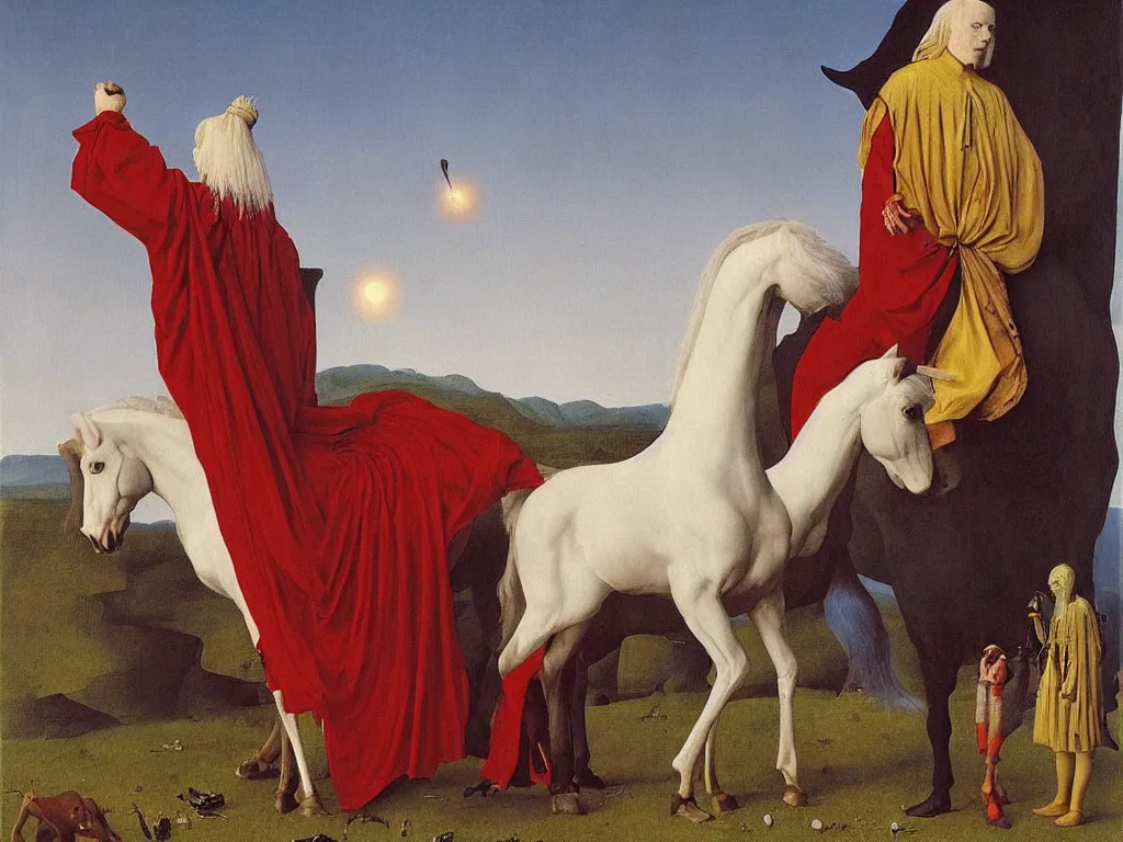 Image similar to albino mystic, with his back turned, with beautiful exotic horse in the day of the eclipse. Painting by Jan van Eyck, Audubon, Rene Magritte, Agnes Pelton, Max Ernst, Walton Ford