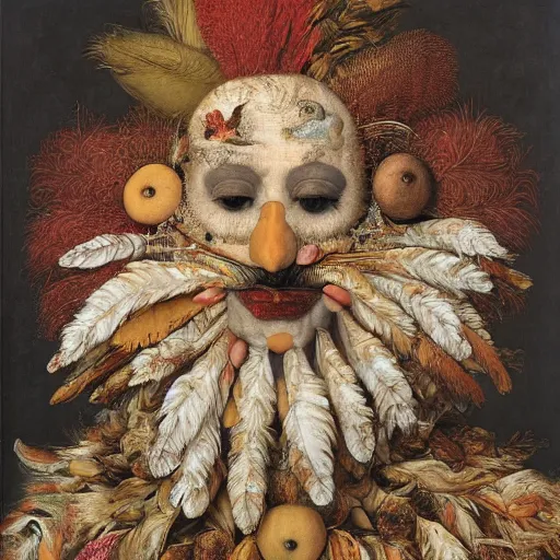 Image similar to a face covered in feathers by giuseppe arcimboldo, oil on canvas