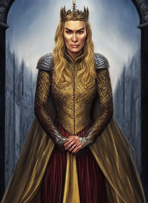 Prompt: cersei lannister by anne stokes and larry elmore, detailed matte painting, realistic portrait, symmetrical, highly detailed, digital painting, artstation, concept art, smooth, sharp focus, illustration, cinematic lighting, 8 k resolution