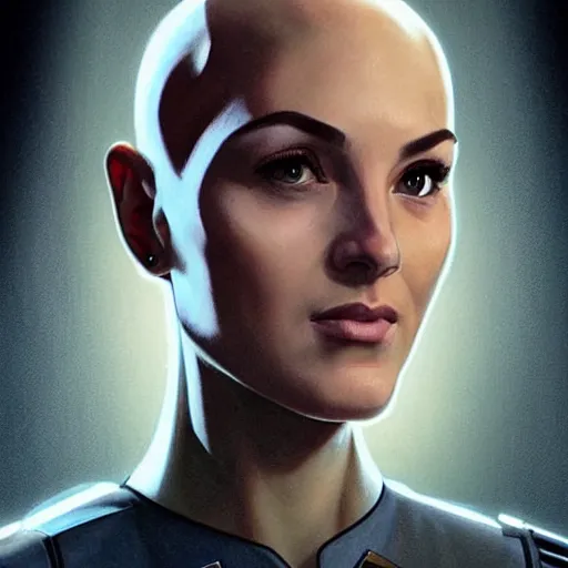 Image similar to a bald serbian!!! young woman as a star trek captain, wearing a grey uniform, still from star trek painted by artgerm and greg rutkowski and alphonse mucha. clear highly detailed face, beautiful sci fi art
