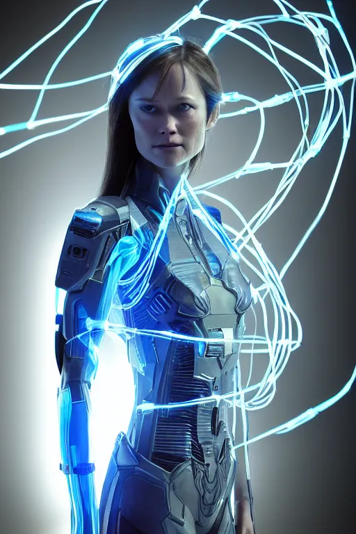 Prompt: summer glau as cortana from halo, transparent glowing digital body, complex wires and circuits
