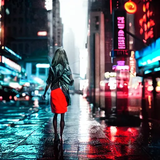 Prompt: woman looking window in new york city rainy ultra realistic award winning neon lights blade runner