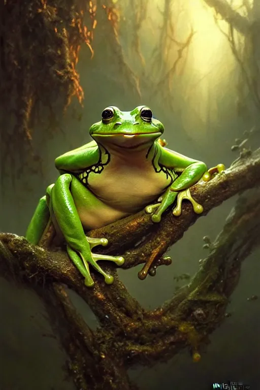 Prompt: a very happy frog, fine art, awesome fantasy book cover on Pinterest, award winning, dark fantasy landscape, fantasy magic, intricate, elegant, sharp focus, cinematic lighting, highly detailed, digital painting, concept art, art by WLOP and Artgerm and Greg Rutkowski, masterpiece, trending on artstation, 8K