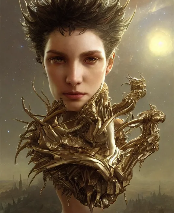 Image similar to portrait of a shining predatory insect alien monster, muscles, rippling, milky way environment, ultra realistic, concept art, intricate details, eerie, highly detailed, photorealistic, octane render, 8 k, unreal engine. art by artgerm and greg rutkowski and alphonse mucha