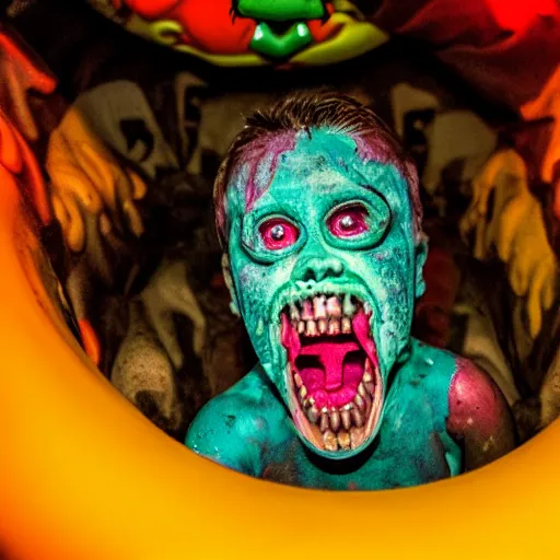 Image similar to A horrifying monster lurking in a children's ball pit, high-contrast lighting