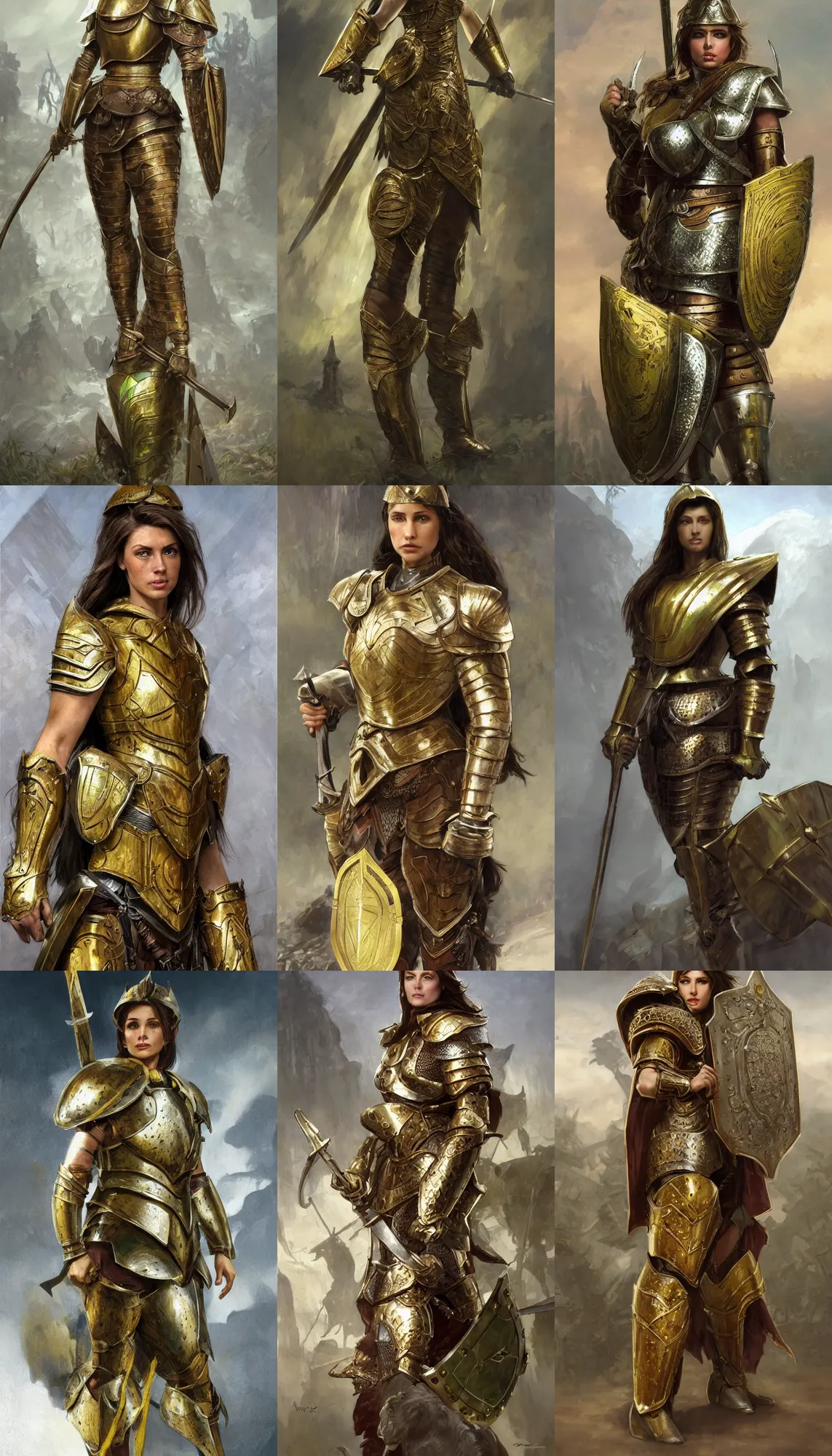 Prompt: full body portrait of a female italian warrior medium length brown hair and a very highly detailed face wearing elegant golden plate mail armor with green and white accents, holding a rectangular tower shield, very highly detailed, artstation, cgsociety, realistic character concept art, sharp focus, by michael komarck, greg rutkowski, artgerm, and alphonse mucha