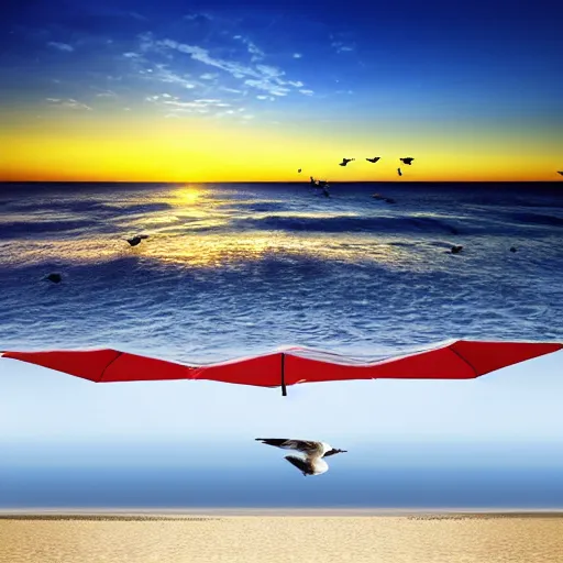 Image similar to seagulls flying over a beach umbrella on the beach at sunrise, concept art, highly detailed, high quality, bright colors,