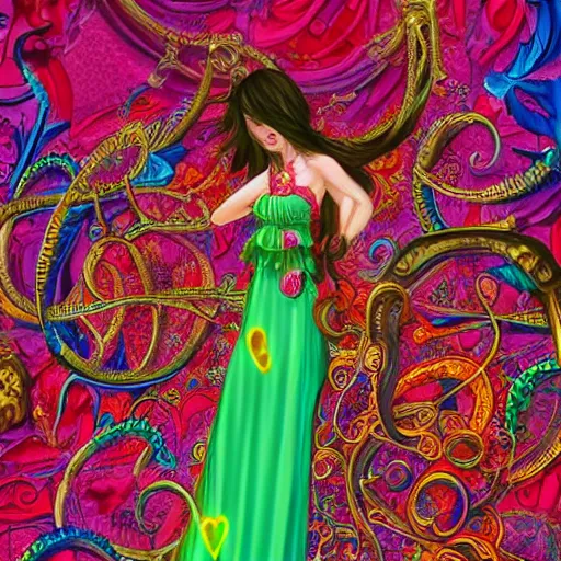 Prompt: long dress, colorful walls of ornate glass painting by william j. remyens sci - evocative 3 ds game, a lot of blood neon pink flowers floating above, lot