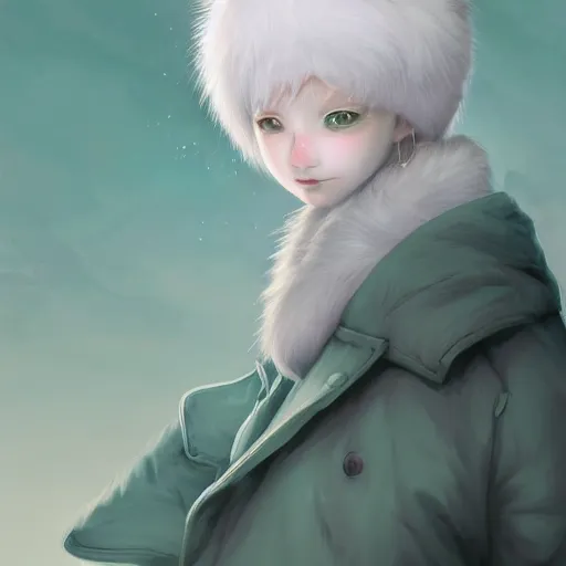 Prompt: aesthetic portrait commission of a albino male furry anthro cute wolf wearing a cute mint colored cozy soft pastel winter outfit, winter Atmosphere. Character design by charlie bowater, ross tran, artgerm, and makoto shinkai, detailed, inked, western comic book art, 2021 award winning painting