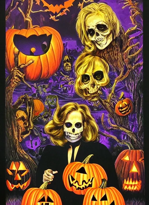 Prompt: Halloween (1978), Psychedelic velvet black light poster, Wes Wilson, Bonnie Maclean, Greg Irons, highly detailed