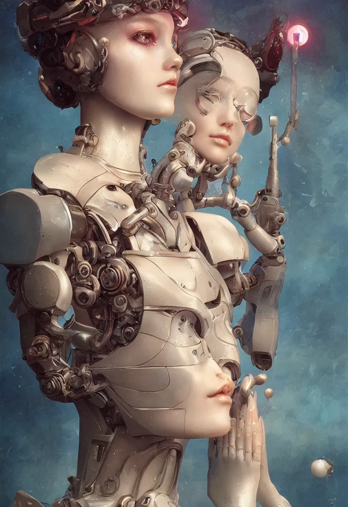 Image similar to portray of beautiful robot girl with porcelain wet glossy skin, look like a 3d model, alive statue, Ivan Bilibin, Ross Tran, Tom Bagshaw