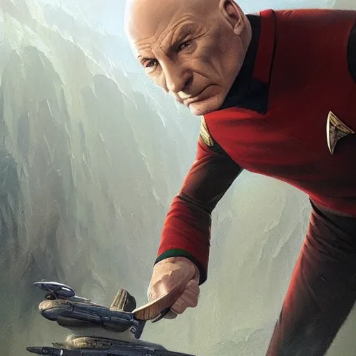 Prompt: Jean Luc Picard killing a bunch of alien species from Star Trek, highly detailed, digital painting, artstation, concept art, smooth, sharp focus, illustration by Artgerm and Greg Rutkowski and Tom Bagshaw