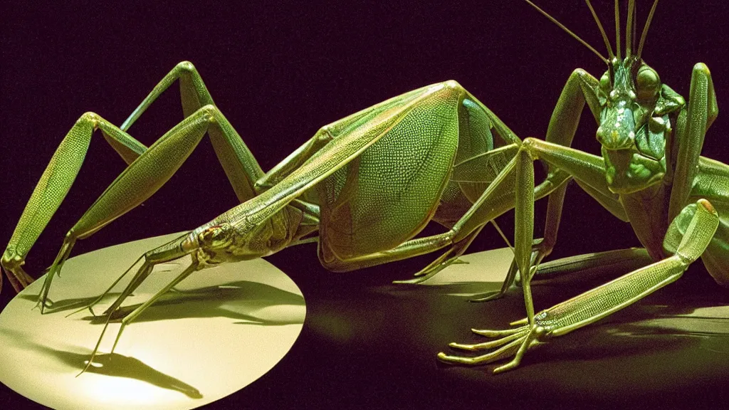 Image similar to the giant praying mantis head in the living room made of wax and water, film still from the movie directed by Denis Villeneuve with art direction by Salvador Dalí, wide lens