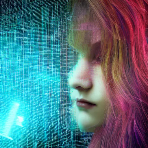 Image similar to glitchart of a young woman lucid dreaming in cyberspace, photoreal