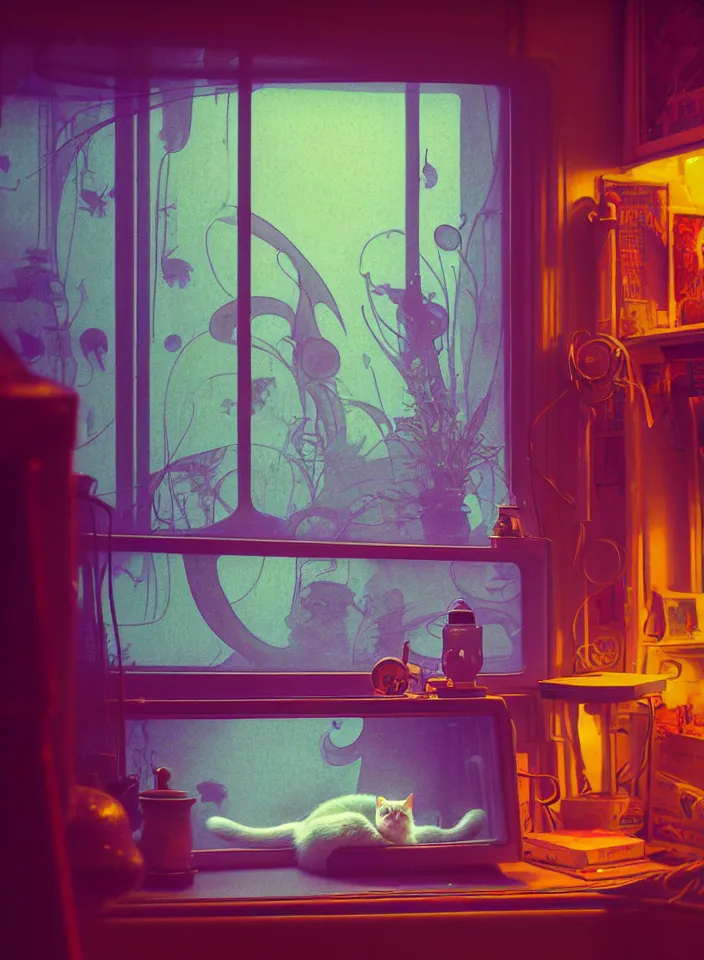 Image similar to telephoto 7 0 mm f / 2. 8 iso 2 0 0 photograph depicting the feeling of chrysalism in a cosy safe cluttered french sci - fi ( ( art nouveau ) ) cyberpunk apartment in a pastel dreamstate art cinema style. ( cat ) ( ( fish tank ) ), ambient light.