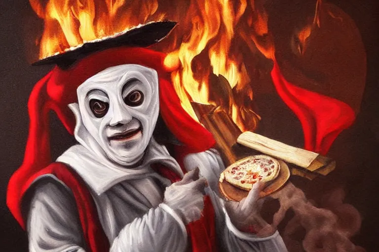 Image similar to a highly detailed menacing painting of pulcinella!!! from naples with a pizza!! and lots of fire, a volcano and dark smoke, an ultrafine painting by antoinette kelly, dramatic lighting, trending on deviantart, sharp focus, octane, masterpiece