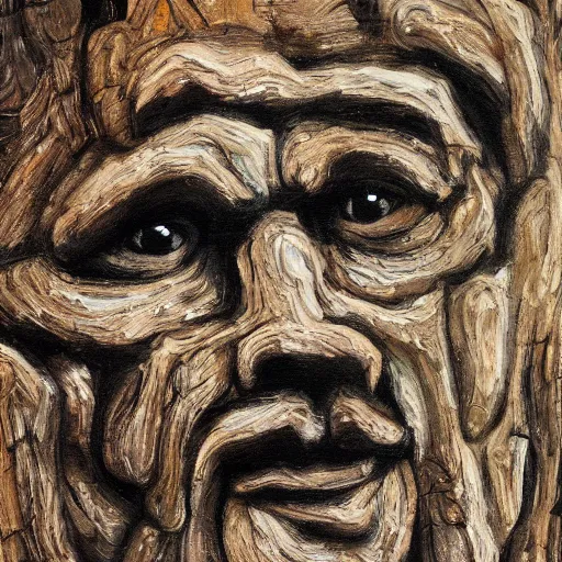 Image similar to A painting of an oak tree, with the face of an old bearded man, close up portrait of a human face made out of bark in a tree