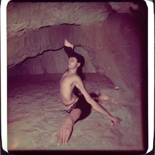 Prompt: a dive bard inside of a cave, old polaroid, expired film,