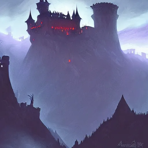 Image similar to Dracula's castle, dark mountains, night, bats in sky, by Andreas Rocha