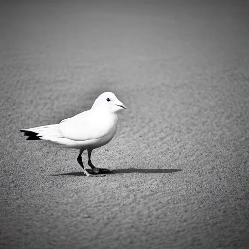 Prompt: a realistic photo of a white bird in a solid black room, high contrast, 8k, film grain, highly detailed