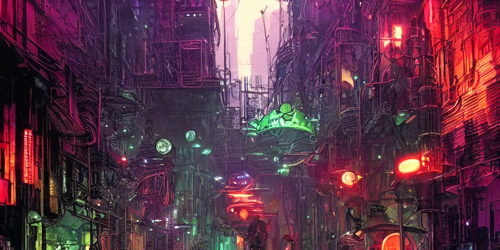 Image similar to futuristic steampunk alley , dark tall people, night, colored neons, mist, video screens, street lights, cinematic, star wars, illustration by moebius and Bill Sienkiewicz