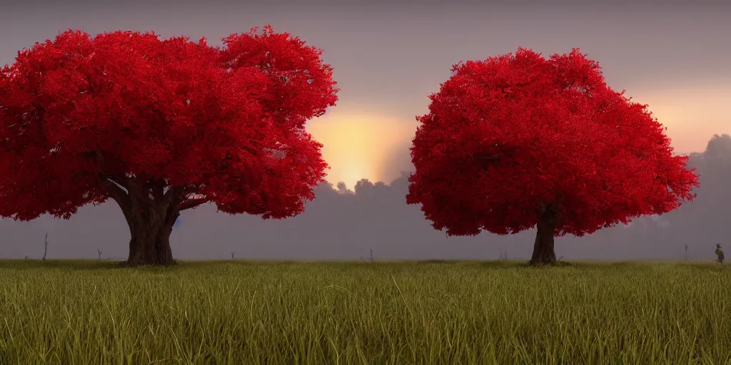 Image similar to a big red tree in the middle of a battlefield near a bunch of red flowers at sunrise, hyperrealistic, concept art, octane render, unreal engine 5, trending on Artstation, high quality, 8K, dramatic lighting, cinematic, high coherence, highly detailed, Midjourney style, epic scene, path traced, low contrast, complementary colors