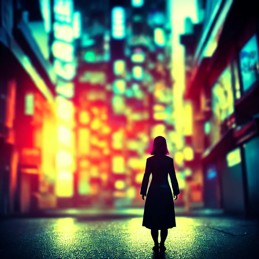 Image similar to a photo close up cyberpunk mysterious woman stands in a cyberpunk hiroshima, prefecture streets, sunset, photorealistic, cinematic lighting, highly detailed, bokeh, style by tomino - sama