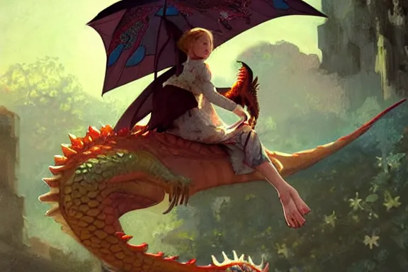 Image similar to little girl in pajamas riding a dragon, realistic portrait, highly detailed, digital painting, artstation, concept art, smooth, sharp focus, illustration, cinematic lighting, art by artgerm and greg rutkowski and alphonse mucha